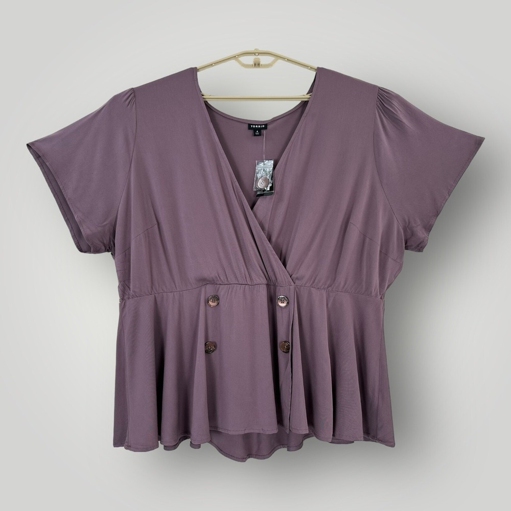 NEW Torrid 4X Mauve Purple Stretch‎ Challis Peplum Blouse Faux Double Breasted